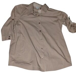 Joan Rivers‎ Button-Up Tunic Top Roll-Tab Sleeve Pockets Beige Size S